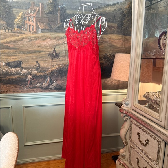 Vintage Lady Cameo Scarlet Lace Chemise Nightgown and Robe Set